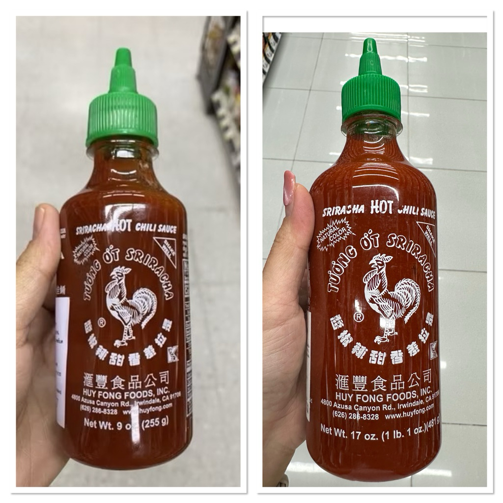 ซอสพริก ศรีราชา ฮุยฟง 266 - 481 Ml. Sriracha Hot Chili Sauce ( Huy Fong Foods ) จากแคลิฟอร์เนีย  สหร