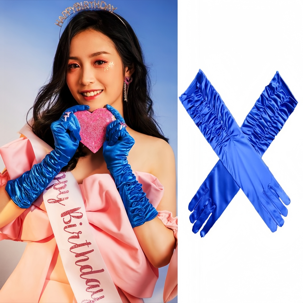 ถุงมือผ้าซาตินแบบย่นย่นความยาว40CMถุงมือแฟชั่น