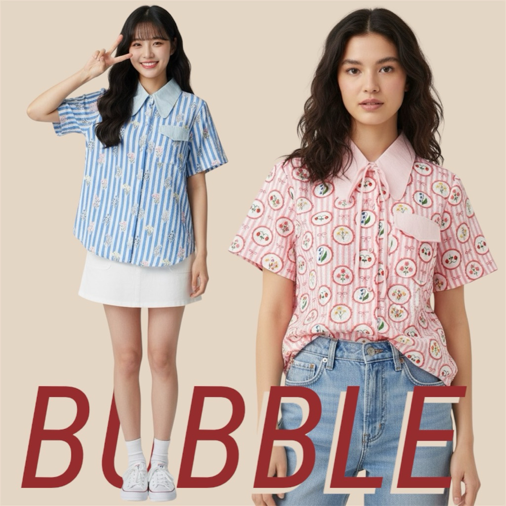 S16 ♡︎BUBBLE shirt เสื้อคอปกผูกโบว์ ลายปริ้นดอกไม้ สีสวย เนื้อผ้าไม่ร้อน อก free size 42"