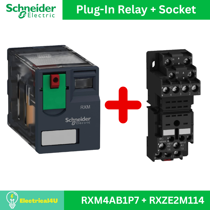 Schneider Electric RXM4AB1P7 + RXZE2M114 ชุดรีเลย์พร้อมฐานเสียบ 4 คอนแทค 6A 230V AC