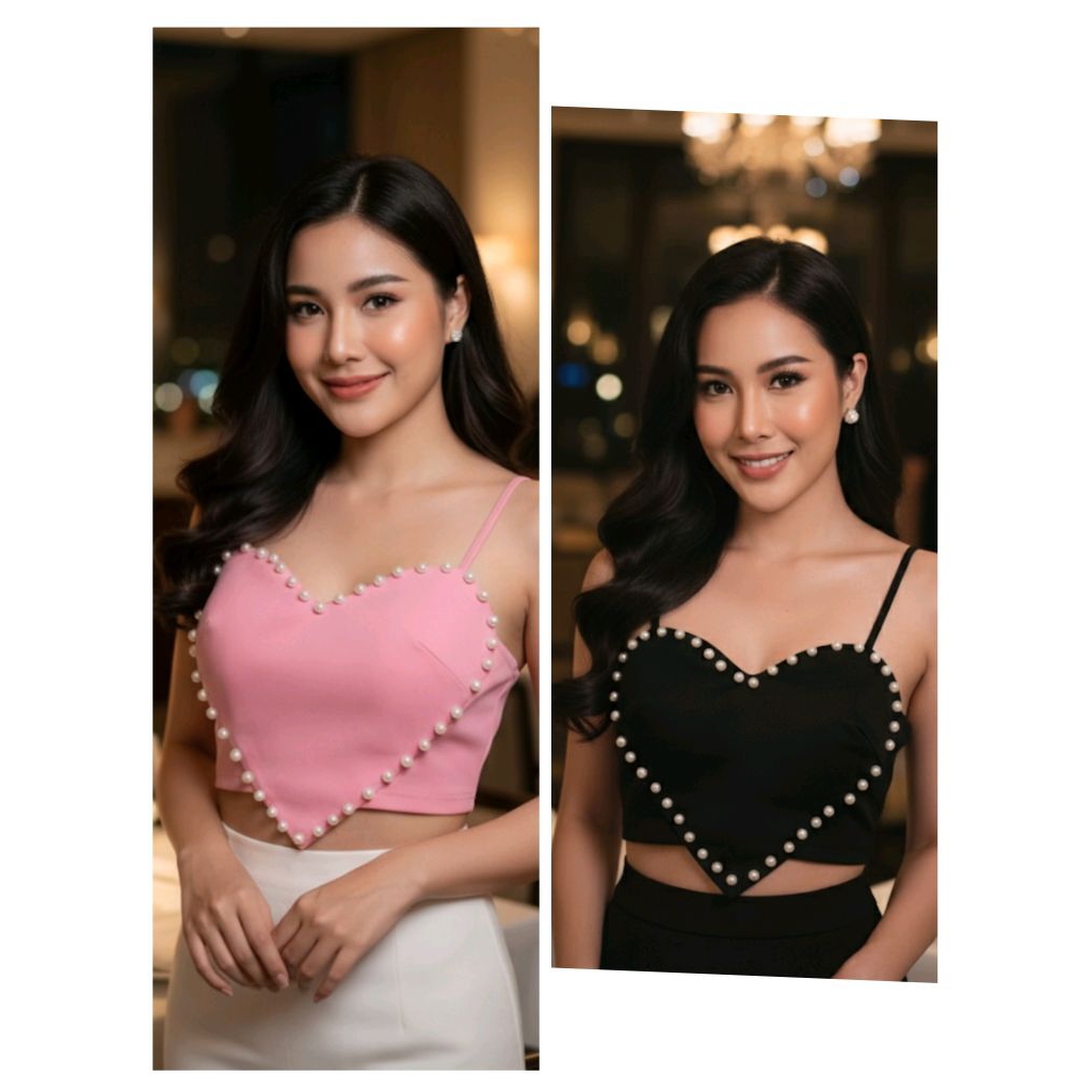 พร้อมส่งจากไทย ครอป ท็อป เสื้อสายเดี่ยว ทรงรูปหัวใจ แต่งไข่มุก ปรับสายได้ ปาร์ตี้ ปีใหม่ New year Party