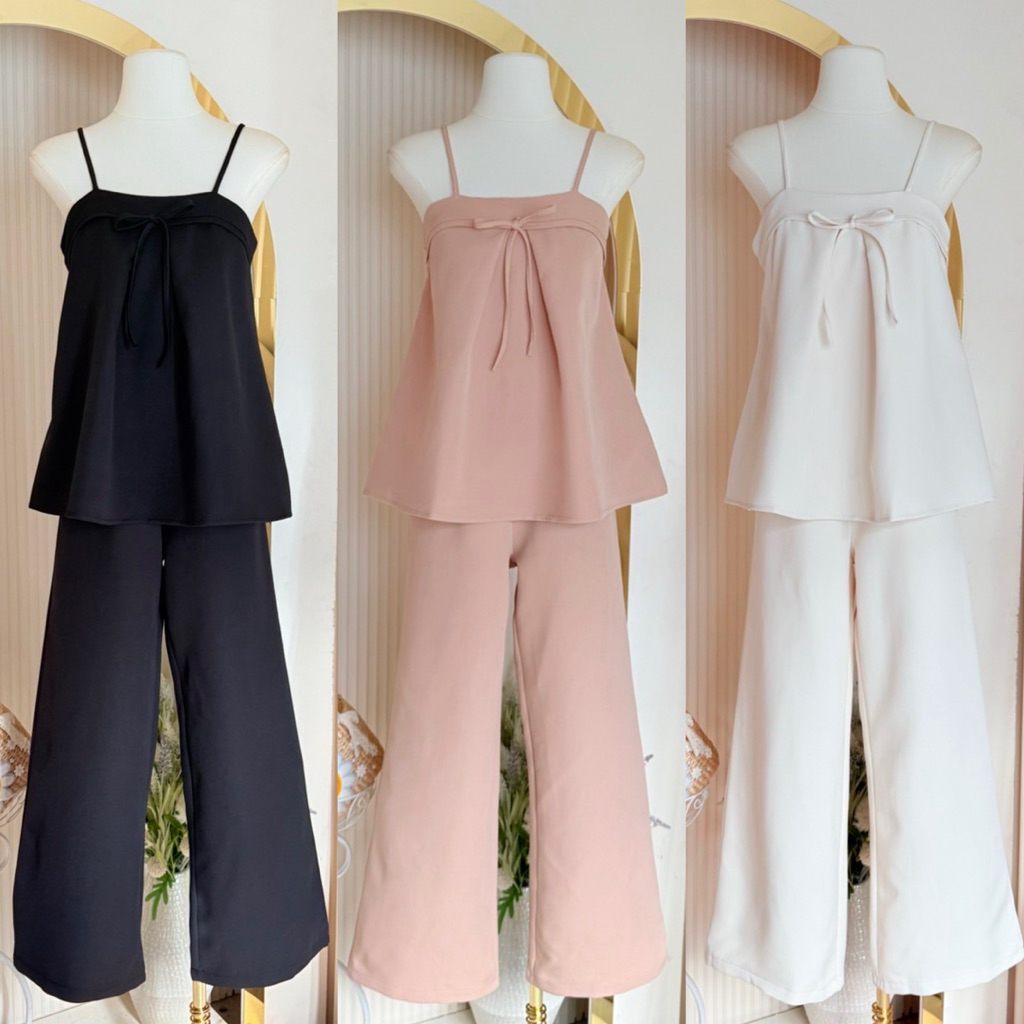 [LISA] A1185 ชุดเซตเสื้อสายเดี่ยวดีเทลแต่งสายผูกโบว์กางเกงขายาวเรียบหรูลุคคุณ ใส่เที่ยว ออกงาน คาเฟ่