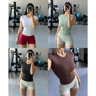 GYMHUB เสื้อแขนสั้นสตรีสำหรับโยคะและออกกำลังกาย ดีไซน์รวบเอวเพรียวสวย ผ้ายืดหยุ่นสวมใส่สบาย