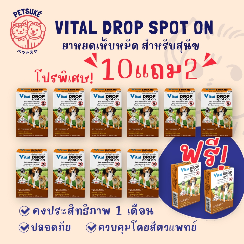 VITAL DROP SPOT ON ผลิตภัณฑ์กำจัดเห็บสุนัขแบบหยดหลังคอ 10เเถม2 / 12กล่อง
