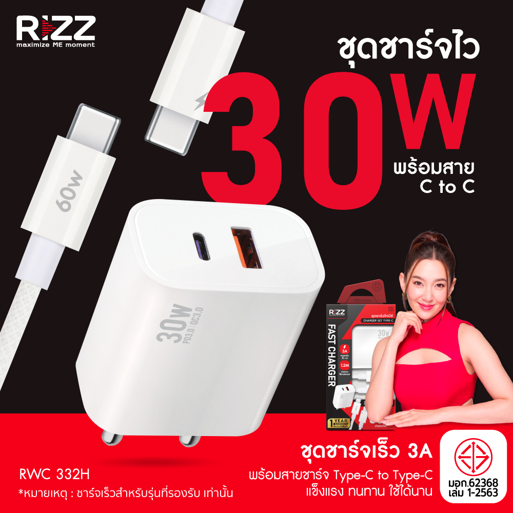 [Official] Rizz 2in1 Wall Charger 30W ชุดชาร์จไว 30W พร้อมสาย Type-C to Type-C รุ่น RWC-332H