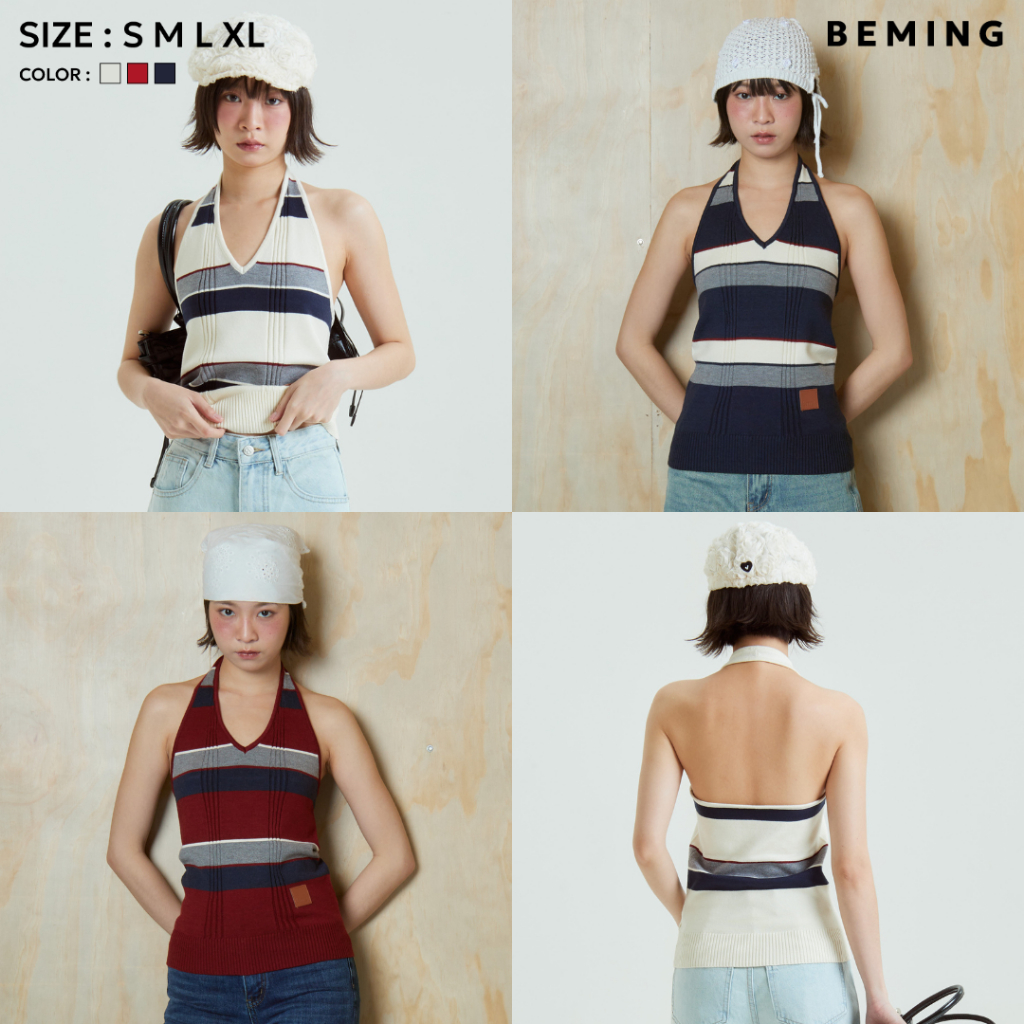 Bemingtop995(S-XL)-BMG Halter Stripe Knit – เสื้อลายทางคล้องคอ สไตล์วินเทจที่ใส่แล้วปังทุกมุม