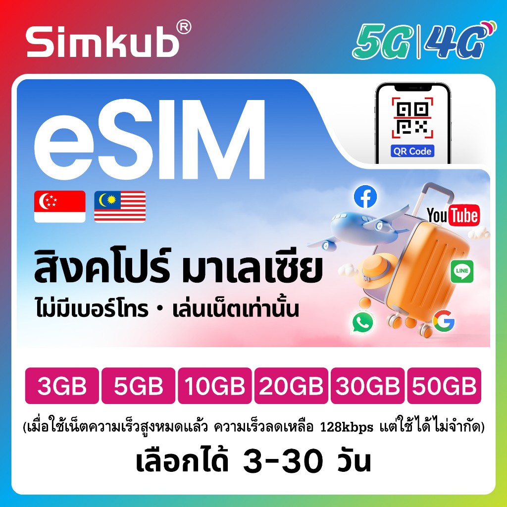 eSIM Singapore&Malaysia ใช้ได้ใน 2 ประเทศ ซิมท่องเที่ยว สิงคโปร์ มาเลเซีย เน็ต 3-50GB รองรับ 5G/4G เ