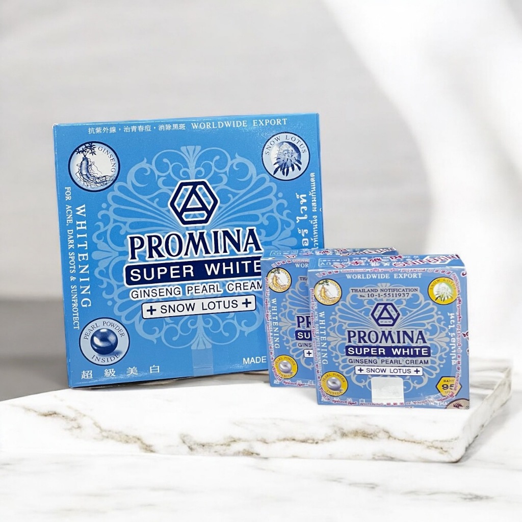 Promina โพรมีน่า ครีมทาสิวฝ้า กันเเดดโสมไข่มุก  ลดสิวฝ้า( โพรมีน่าฟ้า)Promina super white ginseng pearl cream