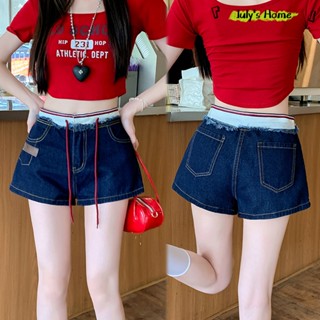 กางเกงขาสั้น กางเกงขาสั้นผู้หญิง มีเชือกที่เอว ต่อสลับ สไตล์…