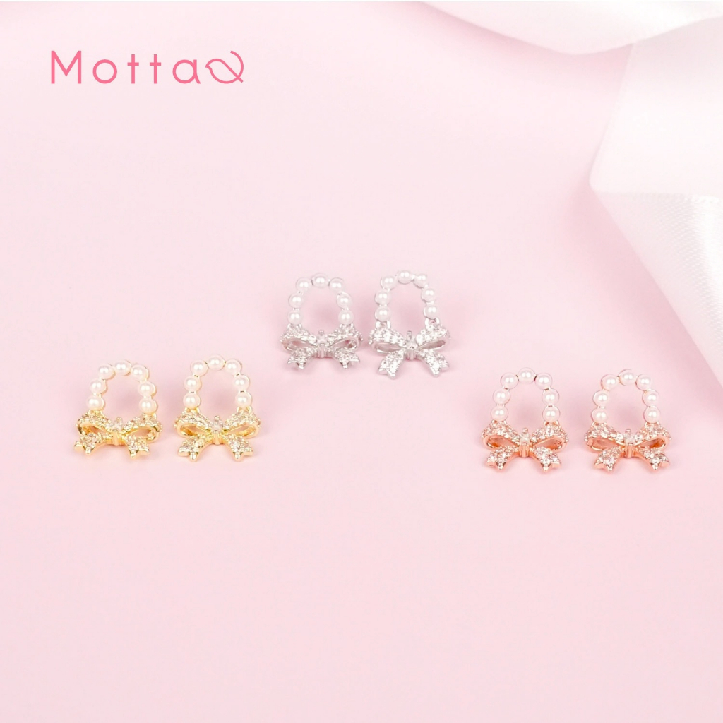 Motta Earring ต่างหูติดหูชุบทองคำขาว ไข่มุกจี้โบว์ประดับเพชร