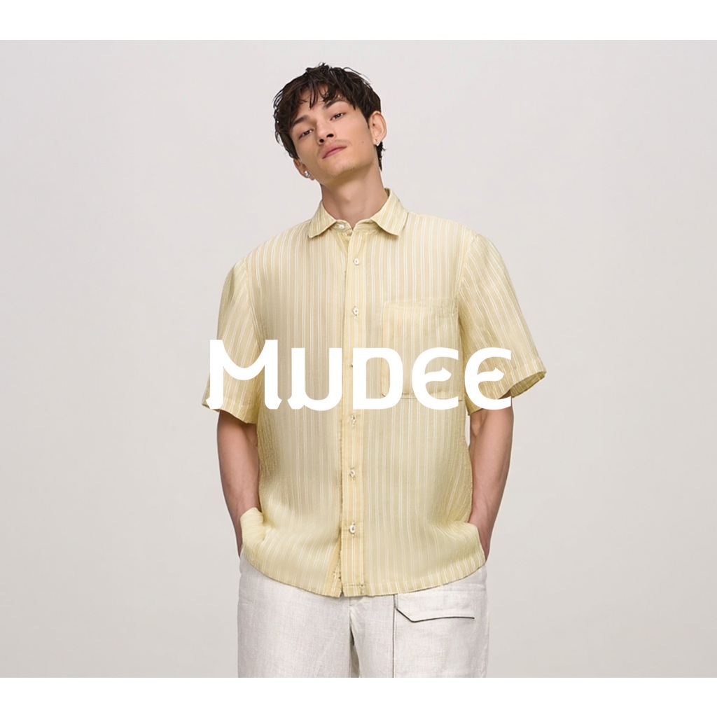 MUDEE เสื้อเชิ้ตผู้ชายลินิน สีเหลืองริ้ว Men's white shirt with thin yellow stripes