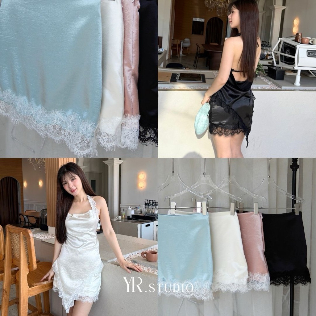 RITA LACE SKIRT (ราคา390)กระโปรงซาตินเเต่งลูกไม้อย่างดี มีซับในกางเกงใช้ตัวผ้าเดียวกับด้านนอก มีไซค์ S-3XL