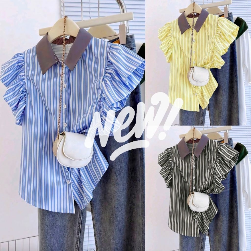 𝐌𝐢𝐱𝐦𝐚𝐬 เสื้อเบลาส์เซอร์ผู้หญิง แขนสั้นระบายลายทางน่ารักๆ ฟ้า M1 ♥️