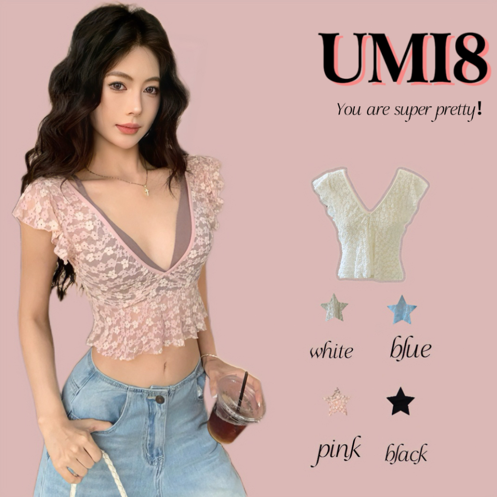 UMI8💝【ในสต็อก】💝เสื้อเบลาส์ลูกไม้โปร่งคอวีลึกเซ็กซี่สำหรับผู้หญิงในช่วงฤดูร้อน ลายดอกไม้ฝรั่งเศส