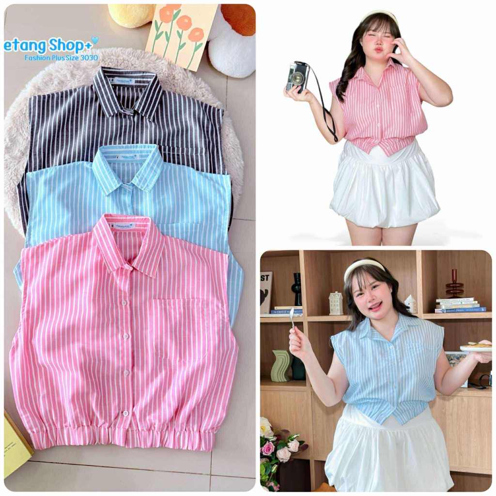 เสื้อครอปคอปกจั้มเอว ลายริ้ว Metang shop สีสดใส อกใหญ่ สาวอวบ