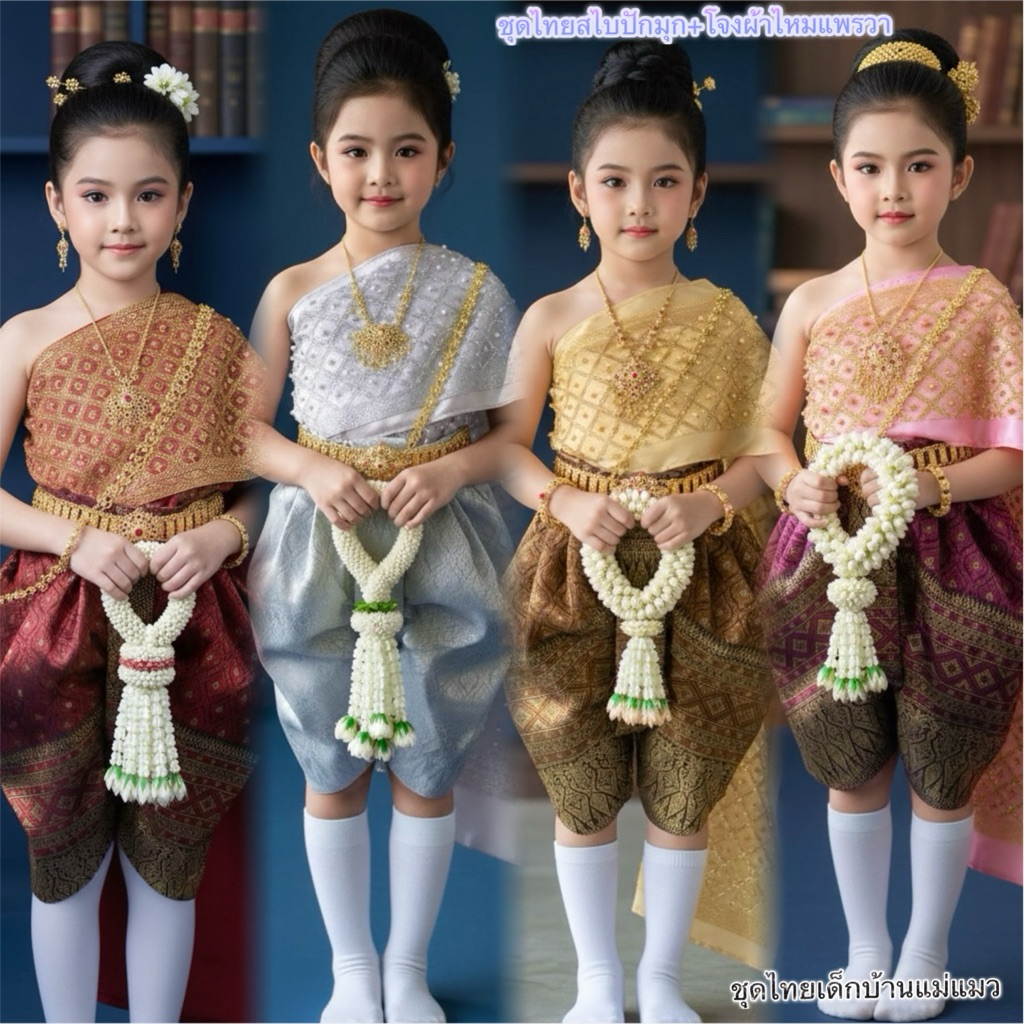ชุดไทยเด็กหญิงสไบปักมุก+โจงผ้าไหมแพรวา