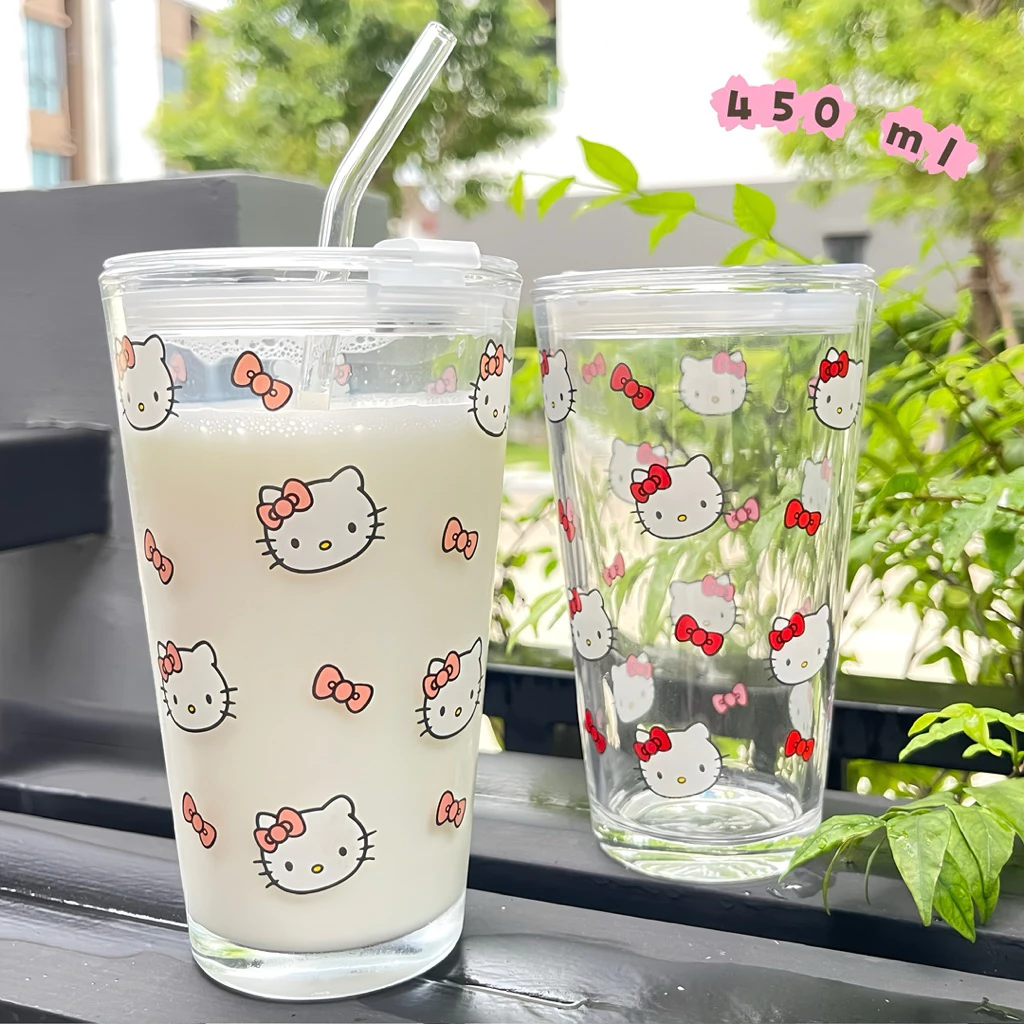 แก้วน้ำ [ฝา+หลอดแก้ว] แก้วกระจก 450 ml หนามาก ใส่ได้ทั้งร้อนและเย็น ลายการ์ตูน น่ารัก พร้อมส่ง