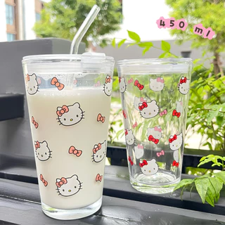 แก้วน้ำ [ฝา+หลอดแก้ว] แก้วกระจก 450 ml หนามาก ใส่ได้ทั้งร้อนและเย็น ลายการ์ตูน น่ารัก พร้อมส่ง