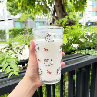 แก้วน้ำ [ฝา+หลอดแก้ว] แก้วกระจก 450 ml หนามาก ใส่ได้ทั้งร้อนและเย็น ลายการ์ตูน น่ารัก พร้อมส่ง