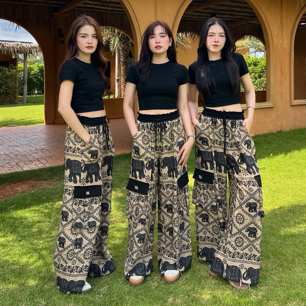 Sissy Store (T8592): กางเกงช้างกระบอกใหญ่คาร์โก้ (S-M) ผ้าอยู่ทรง  สวมใส่สบาย แต่งขอบเอวทูโทน