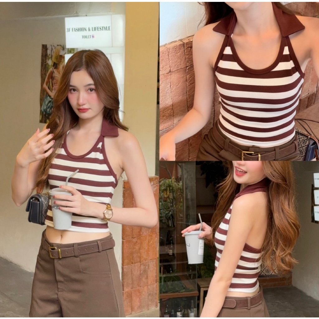 Hazel Top-เสื้อคล้องคอเข้ารูปแต่งคอปก ลายทาง ได้ลุคสาวน่ารักแซ่บซน ผ้าคุณภาพดี ไม่บาง ยืดเข้ารูปสวยมาก