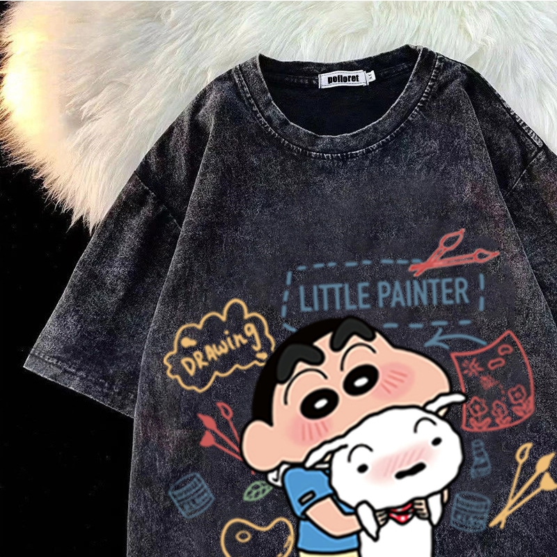 เสื้อฟอกวินเทจผู้หญิงแบบเท่ๆ มาใหม่ oversize 100%Cotton เสื้อโอเวอร์ไซซ์เกาหลีที่กําลังฮิต สกรีนลายการ์ตูนญี่ปุ่น ฮิปฮอป