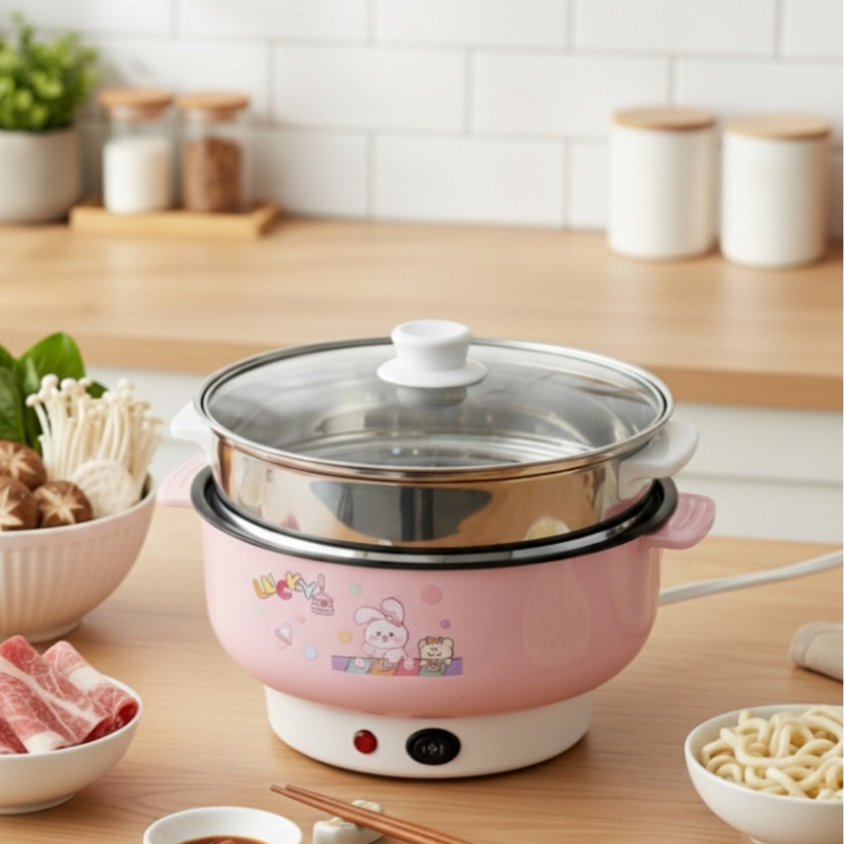 (ลูกค้าใหม่ 1 บาท) หม้อไฟฟ้า ต้ม ผัด แกง ทอด ตุ๋น นึ่ง 22 CM เทฟล่อน