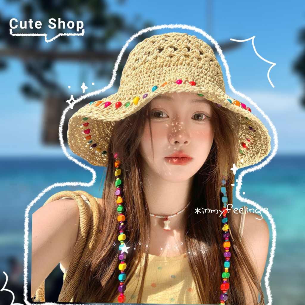 หมวกกันแดด   เชือกลูกปัดหลากสีสัน    ทรงกลวง ปีกกว้าง กันแดด หน้าร้อนริมชายหาด สไตล์ฮาวาย   ส่งไวจากไทย
