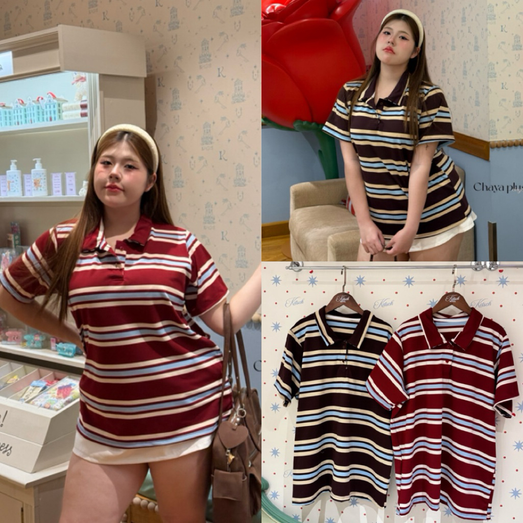 LD เสื้อโปโลคอปกแขนสั้น ลายทาง ผ้าผ้ายืด ใส่สบาย สไตส์oversize ไซส์ใหญ่