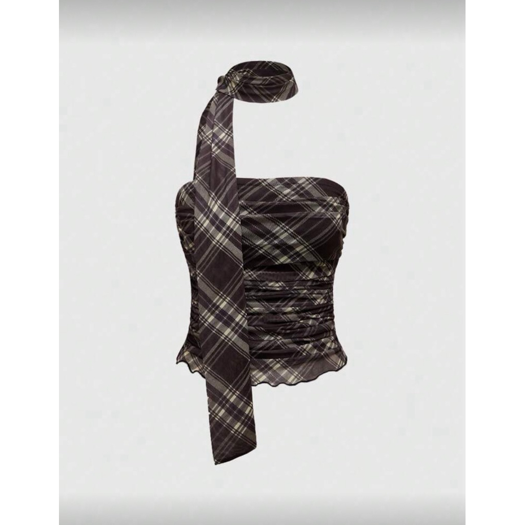 เสื้อครอปเกาะอกลายสก็อต+ผ้าพันคอ