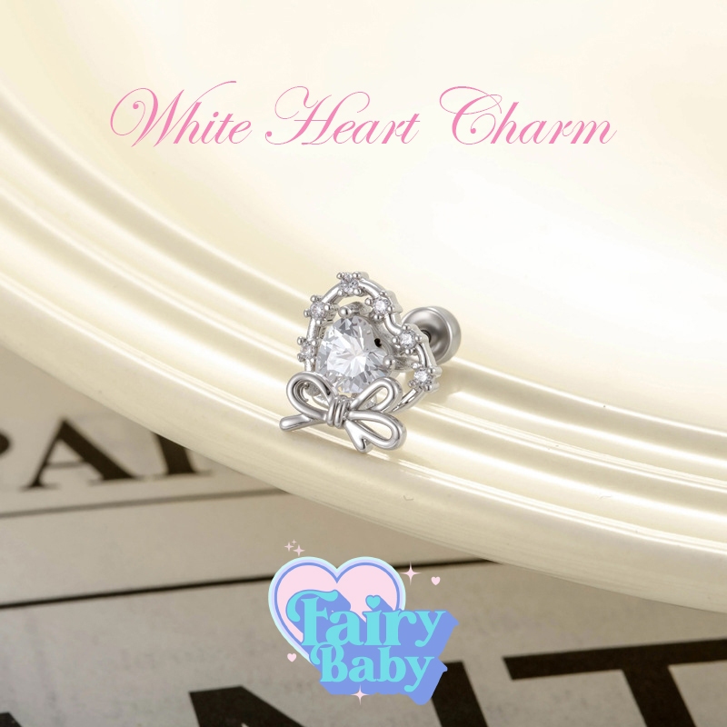 Fairybaby จิว White Heart Charm ( 1 ชิ้น ) สีขาว หัวใจ แป้นแบน โบว์สวยงาม เล่นแสง 0.8 ยาว 6mm (J3-156)