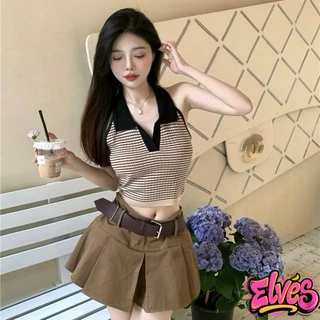 Elves✨พร้อมส่ง✨ เสื้อครอปคล้องคอไหมพรม คอปก ดีเทลลายทางน่ารักมาก(0236)