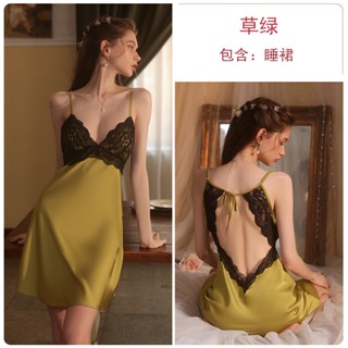 เดรสสายเดี่ยวซาตินลูกไม้ ชุดนอนเซ็กซี่ สไตล์คุณหนู นุ่มลื่น …