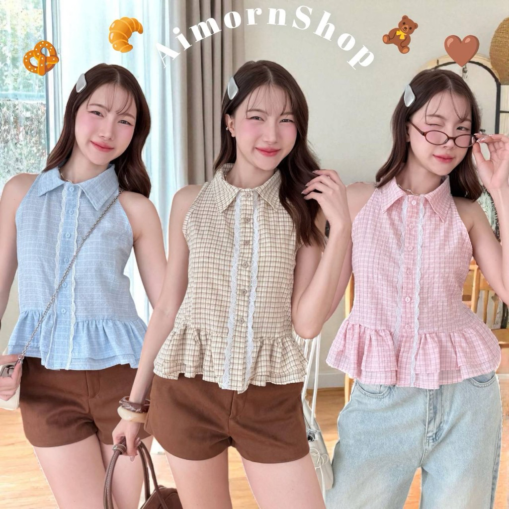 🔥aimorn_shop🔥เสื้อแขนกุดลายสก๊อต คอปก ชายระบาย เดินขอบลูกไม้แต่งกระดุมหน้าน่ารักๆ