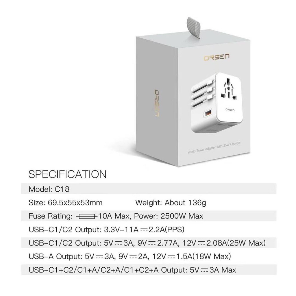 Orsen by Eloop C18 หัวแปลงปลั๊กไฟ 25W Max Universal Travel Adapter หัวชาร์จ