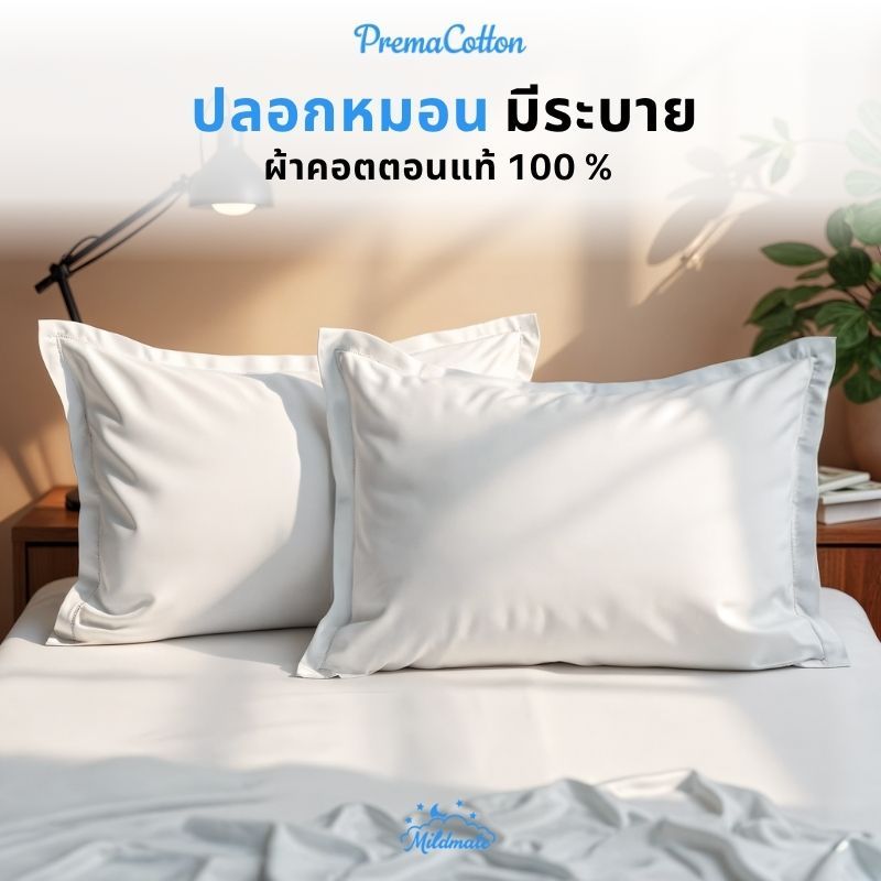 ปลอกหมอนหนุนมีระบาย  ผ้าฝ้าย 100% ได้รับการรับรองมาตรฐาน Oeko-Tex Standard 100-mildmate