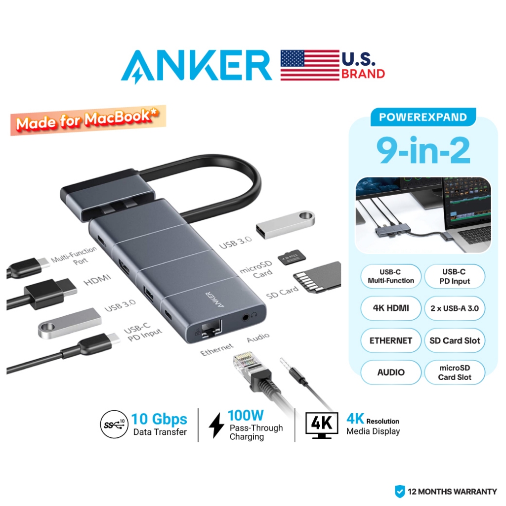 [for MacBook] Anker PowerExpand USB-C Hub (9-in-2) 4K HDMI, Transfer 10 Gbps, 100W PD, 3.5mm AUX, Ethernet 1Gbps - AK374