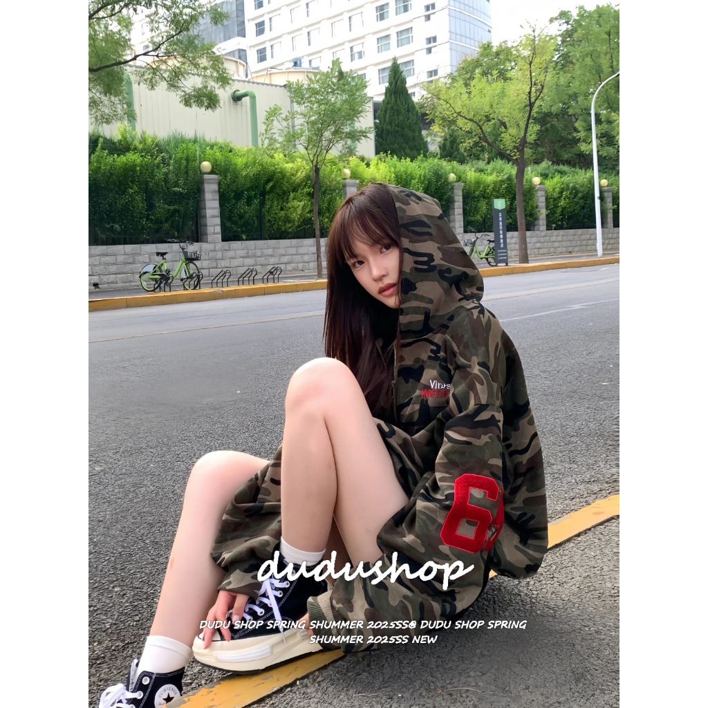 [Street style casual camouflage zip-up jacket]เสื้อแจ็คเก็ตลายพรางแฟชั่นซิปลำลองสไตล์สตรีทสำหรับผู้หญิงเกาหลี