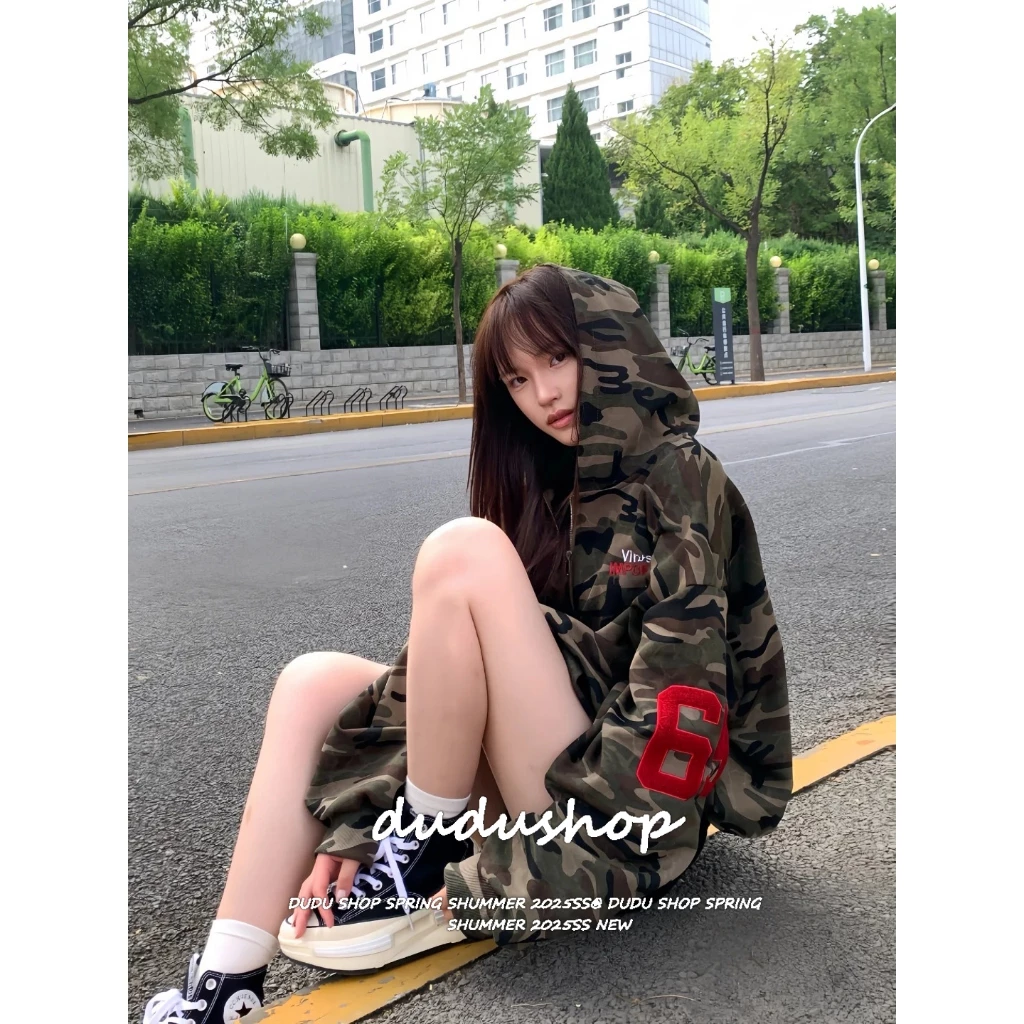 [Street style casual camouflage zip-up jacket]เสื้อแจ็คเก็ตลายพรางแฟชั่นซิปลำลองสไตล์สตรีทสำหรับผู้หญิงเกาหลี