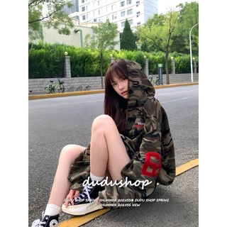 [Street style casual camouflage zip-up jacket]เสื้อแจ็คเก็ตลายพรางแฟชั่นซิปลำลองสไตล์สตรีทสำหรับผู้หญิงเกาหลี