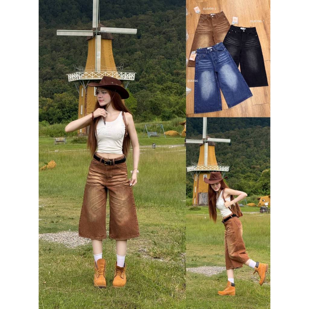 •BACK UP STUDIO•BUS 6496 "JEANS" กางเกงยีนส์ เอวสูง ขาสั้น 5 ส่วน ทรงกระบอก แต่งยับหน้านูน