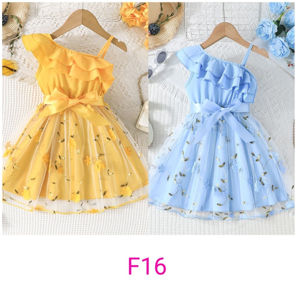 F16 ชุดเดรสสายเดี่ยวไหล่เฉียงกระโปรงดอกไม้ พร้อมส่งจากไทย