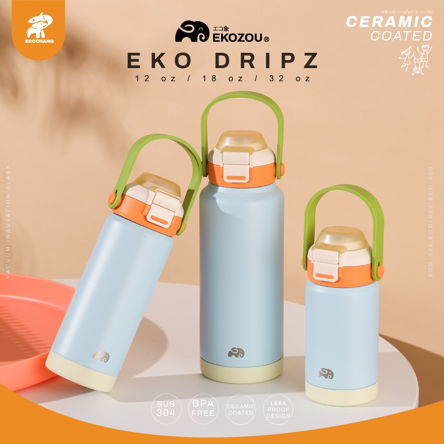 EKO DRIPZ แก้วน้ำเคลือบเซรามิก สแตนเลส 304 12/18/32oz ฝาหลอด กระดกดื่มได้