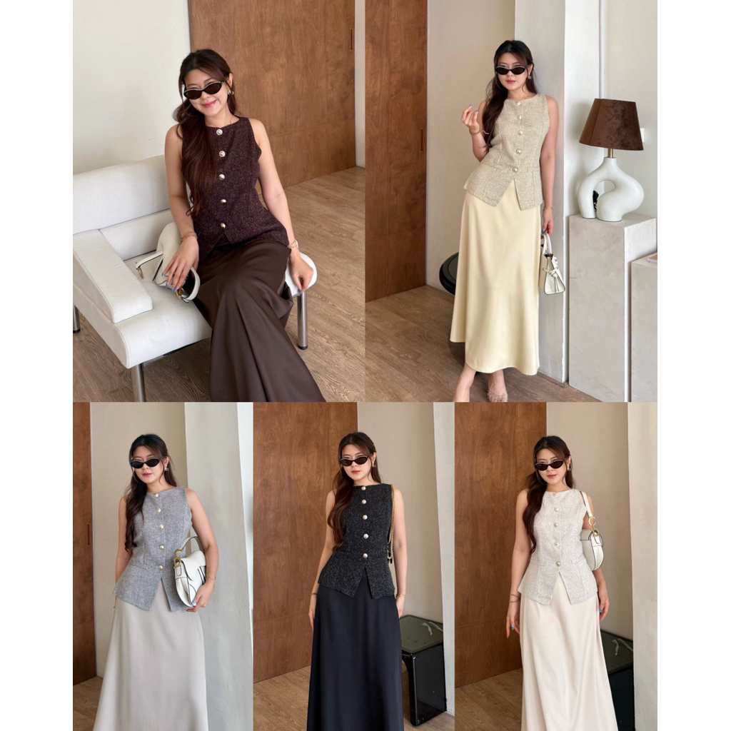 Ballet Set ชุดเซ็ต2ชิ้น เสื้อแขนกุดผ้าทอทวิต+กระโปรงซาตินหนา