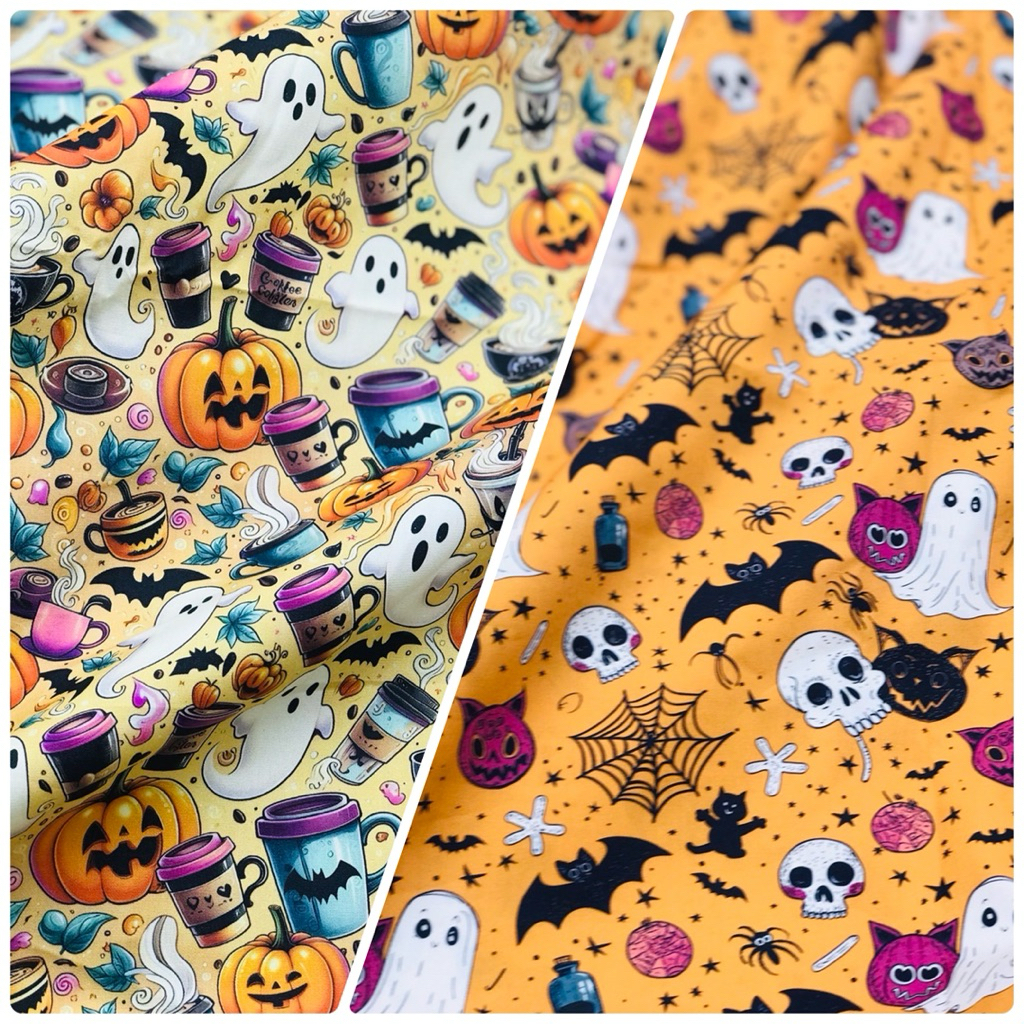 ฮาโลวีน Halloween ผ้า cotton ผสมโพลี หน้ากว้าง 45“(110cm.)เนื้อบาง วัดตัดครั้งละ 1/2 หลา ตัดต่อเนื่องได้ พร้อมส่งค่ะ