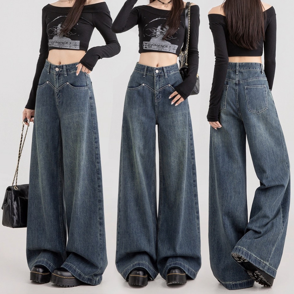 S~5XL Baggy jeans Jeans for women กางเกงยีนส์ขากว้างสีน้ำเงินวินเทจ กางเกงทรงตรงหลวมๆ เทรนด์ใหม่HOT