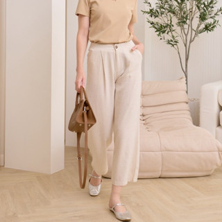 〰﹆กางเกงลินินกระดุมหน้า ผ้าลินินญี่ปุ่น ขายาว สม็อคหลัง ใส่ส…