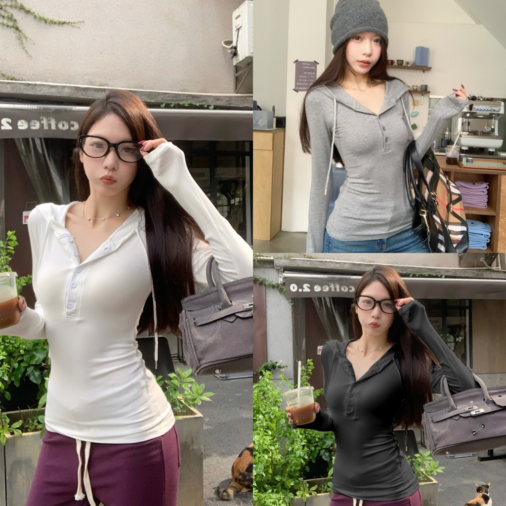 เสื้อแขนยาว เสื้อแขนยาวผู้หญิง คอV แซ่บมาก แบบสวมหัว​#2408