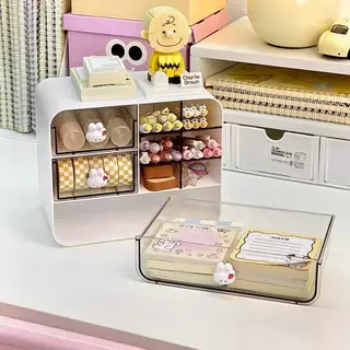 กล่องเก็บของอเนกประสงค์🐰ปุ่มจับลายกระต่าย🐰มีลิ้นชักและช่องใส่แบบเอียง ดีไซน์มินิมอล ใช้ได้ทั้งเครื่องเขียน-เครื่องสำอาง
