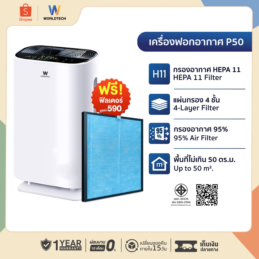 Worldtech เครื่องฟอกอากาศ Air Purifier รุ่น WT-P50 มอก.รับรอง พื้นที่ 40-50 ตรม. + รีโมท ประกัน1ปี